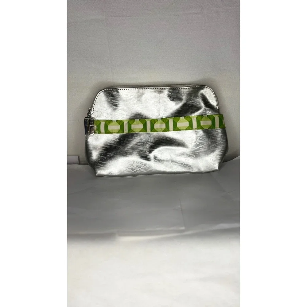 Clinique Silver Metallic Grid Makeup Bag Green Geometric Ribbon Cosmetic Case